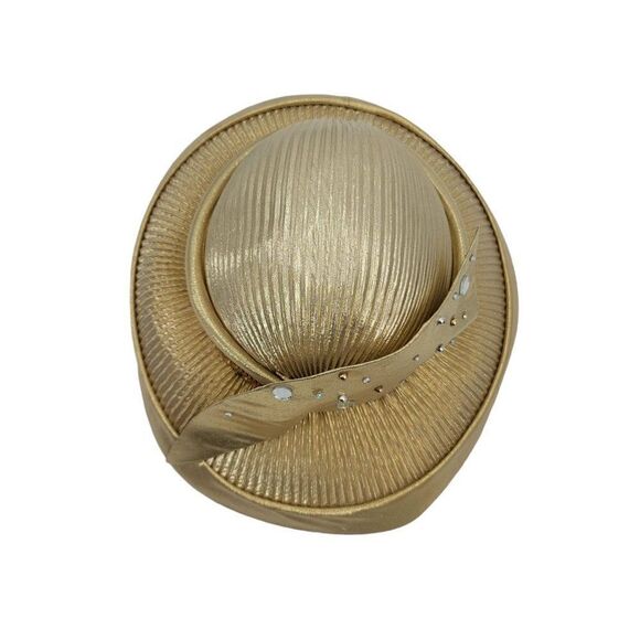 Vtg 80\'s Women Hat Gold Lame Futuristic Pintuck Pleated Sequin Rhinestone Church